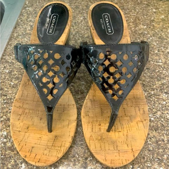 Coach Shoes - Cute Coach wedge sandals size 9.5 . Cork bottoms , black patent leather uppers